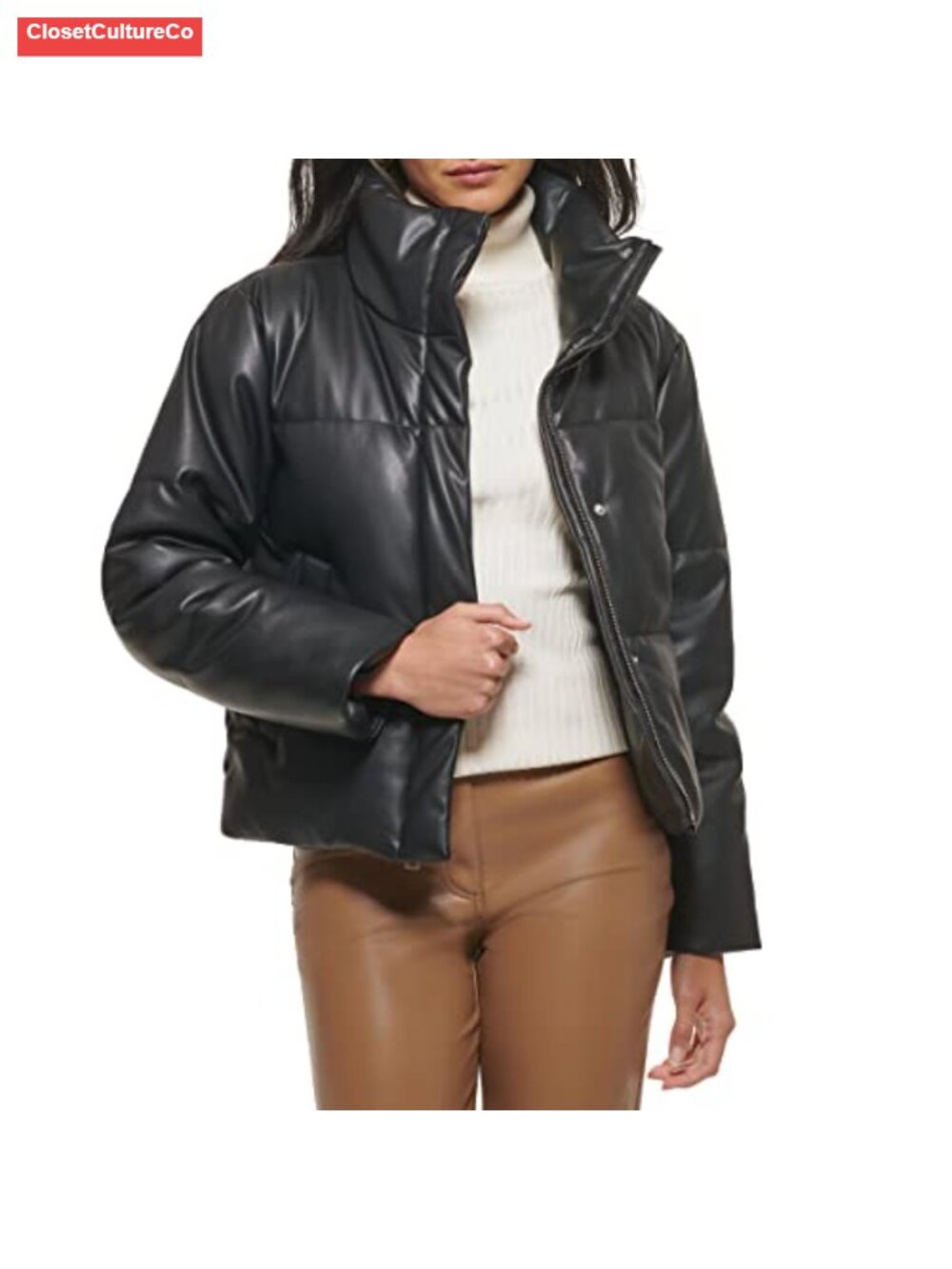 Quilted Vegan Leather Short Puffer Coat Women's